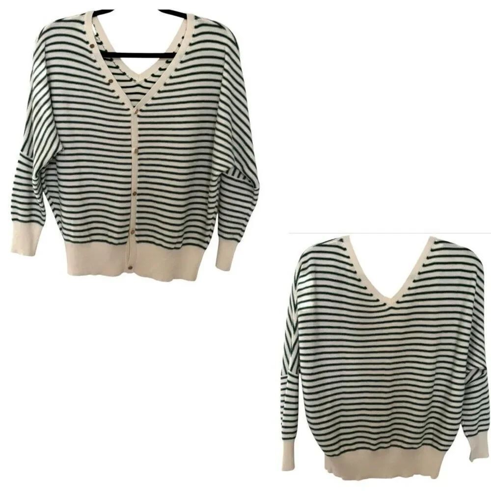 BlueIvy Avara Striped Two Way Cardigan pullover Sweater Green & Cream Size S / M